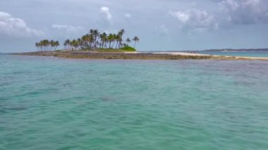 Nassau, Bahamalar: Palmiye ağaçları ve kayalık plajlı küçük bir tropik adanın hava görüntüleri.