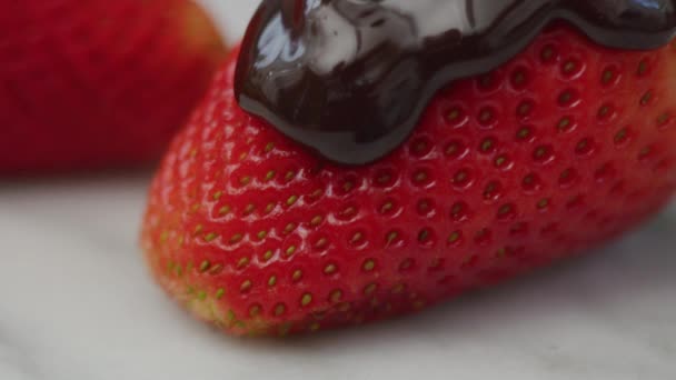 Chocolate Pouring Fresh Strawberries Shot Red Camera — Stock Video