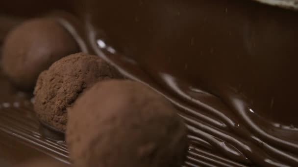 Trufas Chocolate Una Cinta Transportadora Una Fábrica Dulces — Vídeo de stock