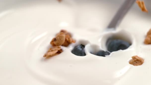 Iogurte Baunilha Com Granola Mirtilos — Vídeo de Stock