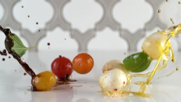 Tomatoes Basil Oil Vinegar Falling Surface Slow Motion Stock Video