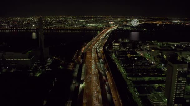 Tokyo Japan 2018 Flyger Över Tokyo Motorväg Och Bro Natten — Stockvideo