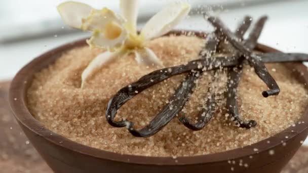 Vanilla Beans Falling Sugar Slow Motion Shot Phantom Flex Camera — Stock Video