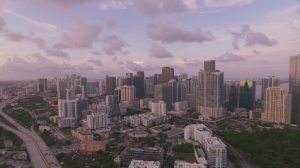 Miami Florida Circa 2019 Luchtfoto Van Miami Bij Zonsondergang Schot — Stockvideo