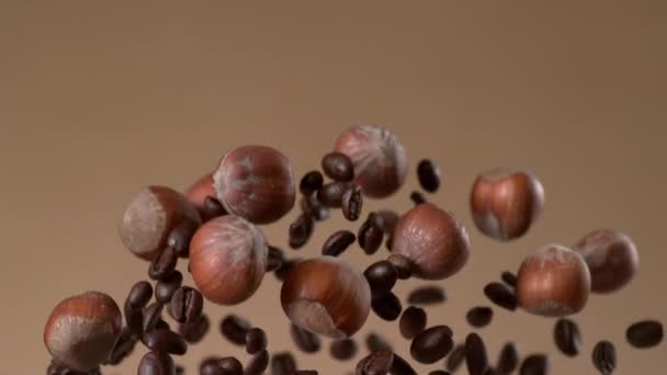 Coffee Beans Hazelnuts Flying Slow Motion Shot Phantom Flex Camera — Stock Video