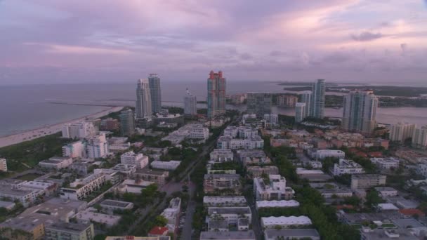 Miami Florida Circa 2019 Luchtfoto Van Miami Beach Bij Zonsondergang — Stockvideo