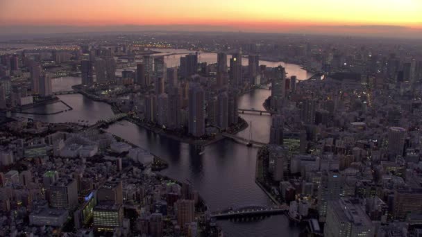 Tokyo Japonya 2018 Dolaylarında Alacakaranlıkta Sumida Nehri Tokyo Körfezi Üzerinde — Stok video