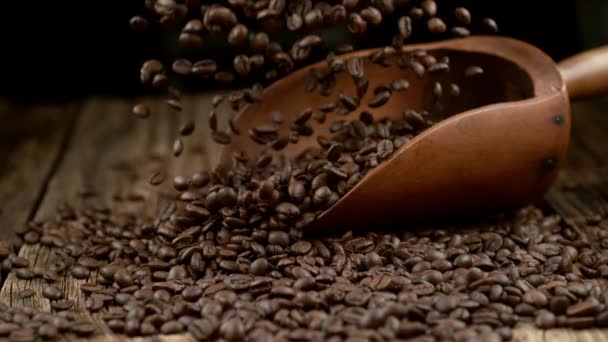 ゆっくりとした動きで木製の表面に落ちるコーヒー豆 Phantom Flex 4Kカメラで撮影 — ストック動画