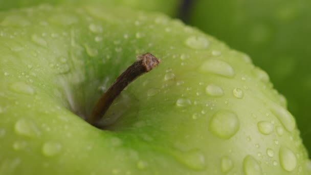 Close Van Groene Appel Met Waterdruppeltjes — Stockvideo