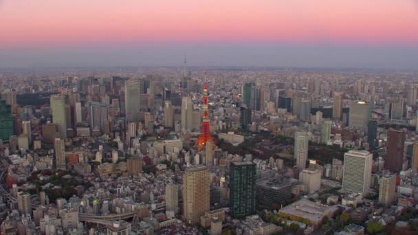 Tokio Japón Circa 2018 Volando Sobre Torre Tokio Atardecer Disparo — Vídeos de Stock