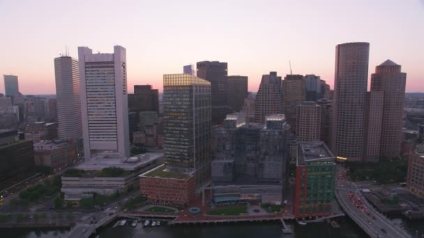 Boston Massachusetts Circa 2019 Luchtfoto Van Boston Bij Zonsondergang Schot — Stockvideo