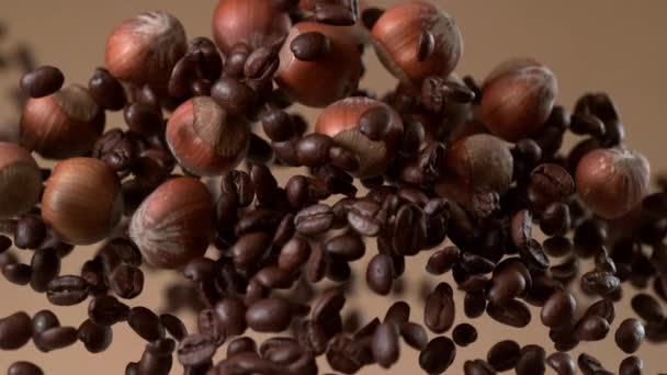 Coffee Beans Hazelnuts Flying Slow Motion Shot Phantom Flex Camera — Stock Video