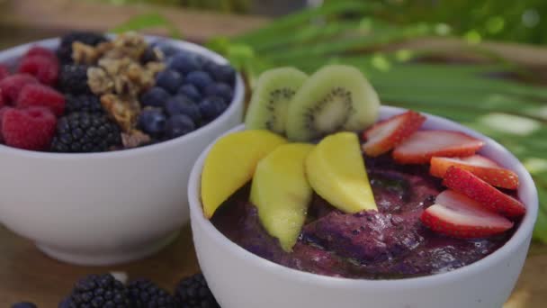 Bowls Various Berries Fruits Wooden Table Healthy Breakfast Royalty Free Stock Footage