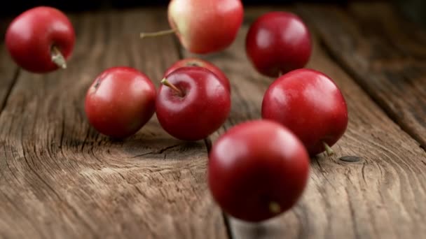 Κόκκινα Μήλα Πέφτουν Στην Ξύλινη Επιφάνεια Αργή Κίνηση Πυροβολήθηκε Κάμερα — Αρχείο Βίντεο