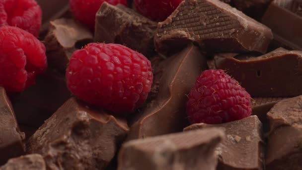 Trozos Chocolate Con Frambuesas Rojas Frescas — Vídeos de Stock