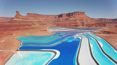 Utah 2019 dolaylarında. Potash buharlaşma göletlerinin havadan görünüşü. Helikopterden Cineflex gimbal ve RED 8K kamerayla çekildi..