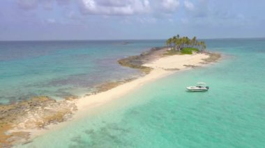 Nassau, Bahamalar: Palmiye ağaçları ve kayalık plajlı küçük bir tropik adanın hava görüntüleri.