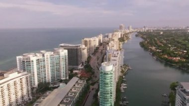 Miami, Florida 2019 dolaylarında. Miami plajının gündüz hava görüntüsü. Helikopterden Cineflex gimbal ve RED 8K kamerayla çekildi..