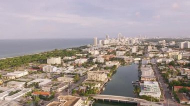 Miami, Florida 2019 dolaylarında. Miami plajının gündüz hava görüntüsü. Helikopterden Cineflex gimbal ve RED 8K kamerayla çekildi..