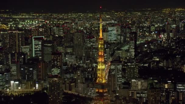Токио Япония 2018 Вид Воздуха Токийскую Башню Ночью Снимок Вертолёта — стоковое видео