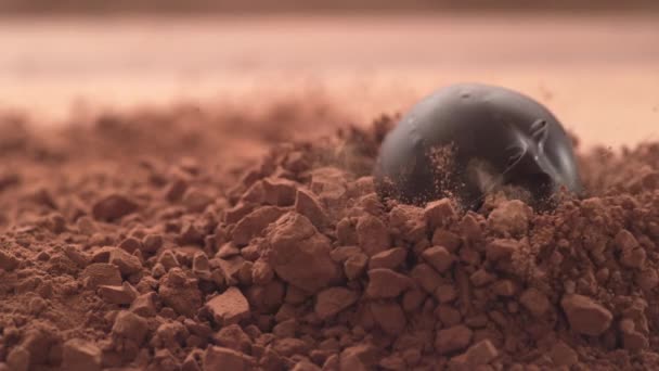 Truffes Chocolat Tombant Poudre Chocolat Ralenti Tourné Sur Caméra Haute — Video