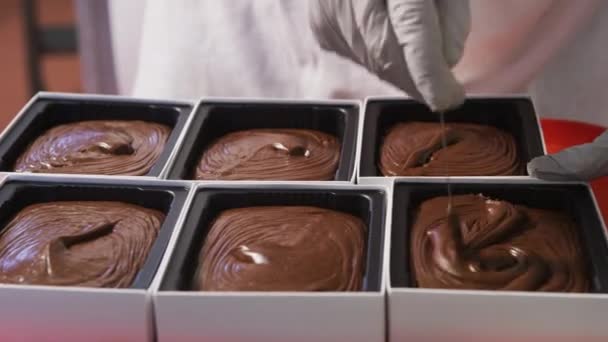 Chocolade Fudge Maken Snoepfabriek — Stockvideo