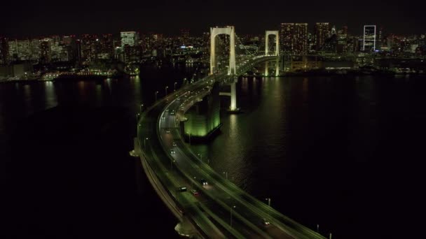 Tokyo Japan 2018 Flygfoto Över Rainbow Bridge Natten Skjuten Från — Stockvideo