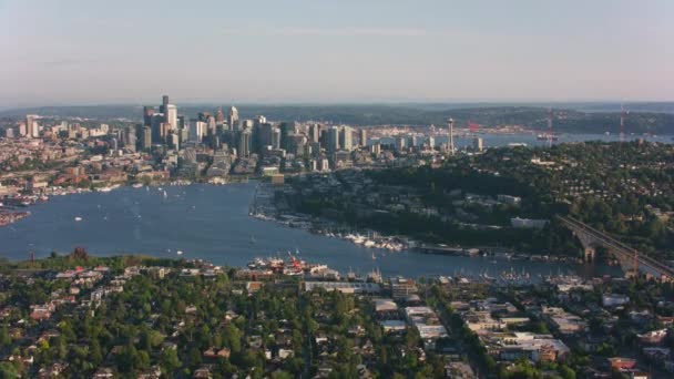 Сиэтл Вашингтон 2019 Вид Воздуха Центр Сиэтла Снято Вертолета Камерой — стоковое видео