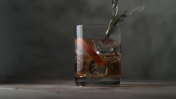 Cocktail Pouring Slow Motion Ice Burnt Rosemary Shot Phantom Flex — Stock Video