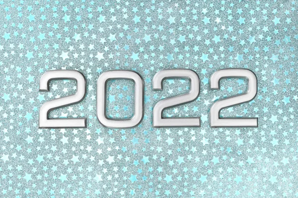 灰色数2022 背景为青色 有恒星 新年快乐的概念 问候语和邀请卡 糖粉色泽 — 图库照片