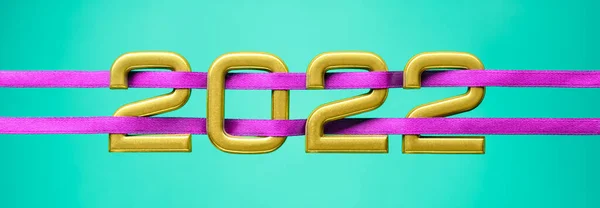 Golden Numbers 2022 Velvet Violet Ribbon Isolated Turquoise Background Happy — Stock Photo, Image