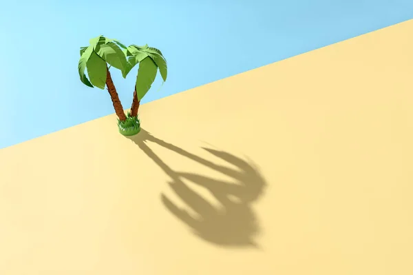 Palma Její Stín Tropické Pláži Kreativní Letní Zátiší Miniaturních Papírových — Stock fotografie