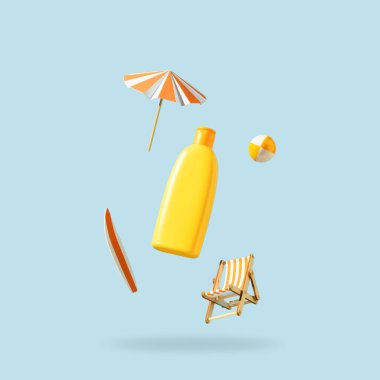 Kozmetik ürünleri için turuncu şişe ve pastel mavi arka planda yer çekimi karşıtı uçan plaj aksesuarları. Havalanma. Cilt bakımı yaratıcı bir kavram. Model