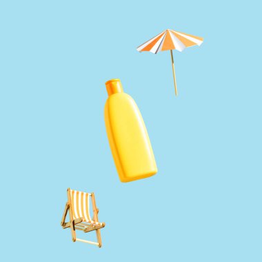 Kozmetik ürünleri için turuncu şişe ve pastel mavi arka planda yer çekimi karşıtı uçan plaj aksesuarları. Havalanma. Cilt bakımı yaratıcı bir kavram. Model