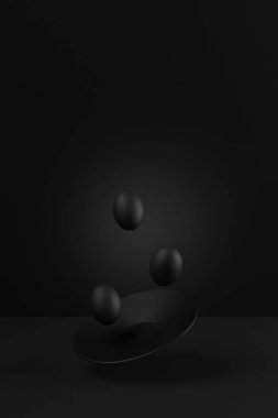 Karanlık ve kasvetli arka planda uçan siyah yumurtaların olduğu Paskalya yaratıcı sahneleri. 3B görüntüleme, dikey yönelim