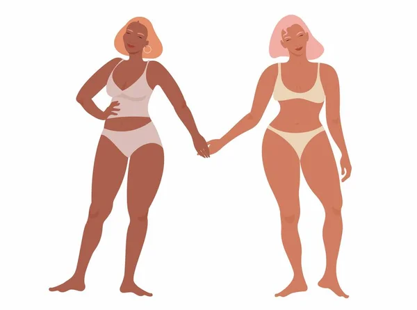 Dos Hermosas Mujeres Lencería Pie Fila Encanta Cuerpo Movimiento Positivo — Archivo Imágenes Vectoriales