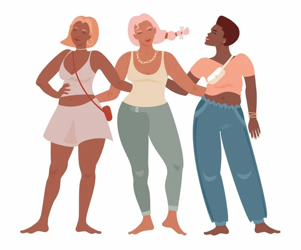Multiracial Women Dressed Jeans Bras Best Friends Girls Female Smiling — Stock Vector