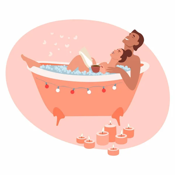 Romantic Couple Enjoying Bubble Bath Vector Cartoon Flat Illustration Couple — Stock Vector