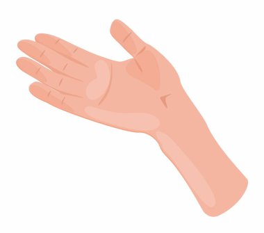 Kaldırılmış el karikatürü düz çizim. Beyaz arka planda izole edilmiş vektör insan eli. Dua, yoga, destek, umut ve barışın sembolü.