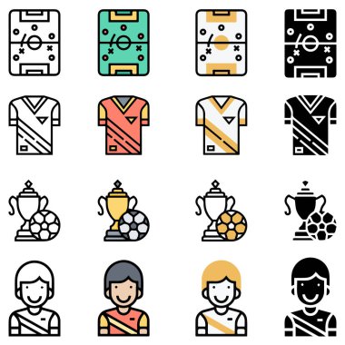 Beyaza izole edilmiş B & W, renk ve gradyan tarzlı futbol temalı tasarım simgeleri. vektör çizimleri.