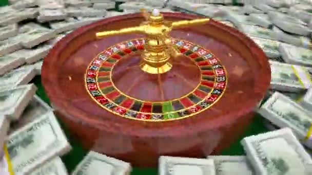 Gambler place a bet and wins a lot of dollars money at casino roulette wheel — Stock Video