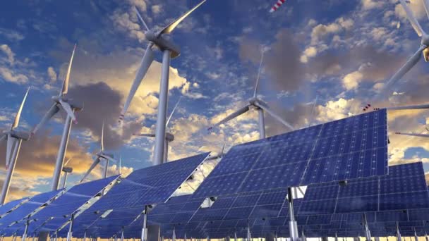 Fazenda solar e moinho de vento produz energia renovável na animação do sol da manhã — Vídeo de Stock