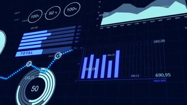 Tőzsdei üzleti grafikonok és pénzügyi diagramok kék színű háttér — Stock videók