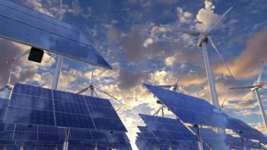 Yenilenebilir alternatif enerji çiftliği üzerindeki dönen güneş panellerinin animasyonu