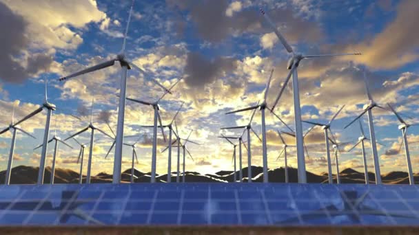 Obnovitelné zdroje energie farma točení větrných elektráren generátory a inovativní solární panely — Stock video