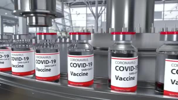 Fabricación farmacéutica con vacunas COVID-19 contra el coronavirus de producción en masa — Vídeo de stock