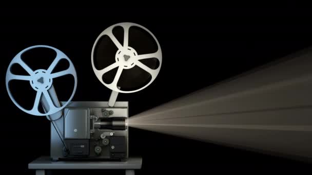 Isolated retro cinema projector plays old film on the black background — Stock Video