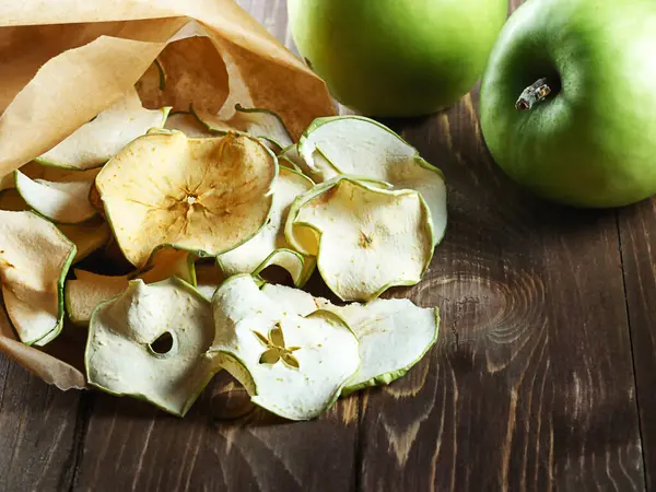 Apple Chips Wooden Background — Foto de Stock