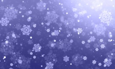 Karlı arka planda kar taneleri, bokeh ve kar olan şenlikli soyut bir arka plan. Renk Çok Peri