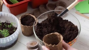 Ekme işlemi. Kadınların elleri turba tencerelerine toprak döktü. Ev çiftçiliği.